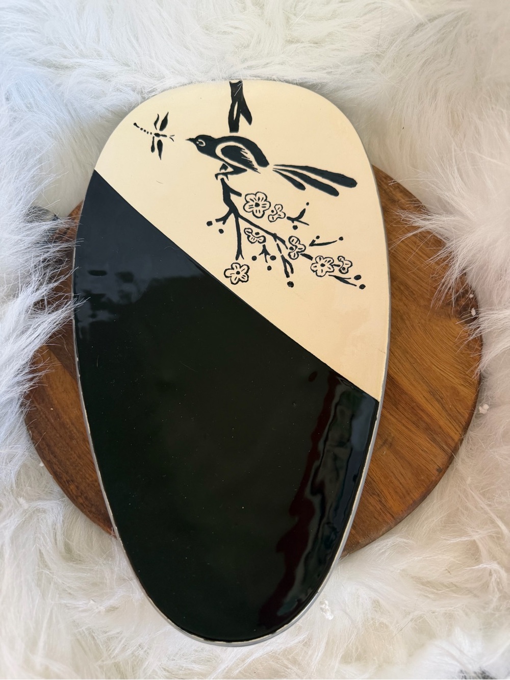 Hand-Painted Ceramic Serving Platter in Black & Cream with Bird Motif